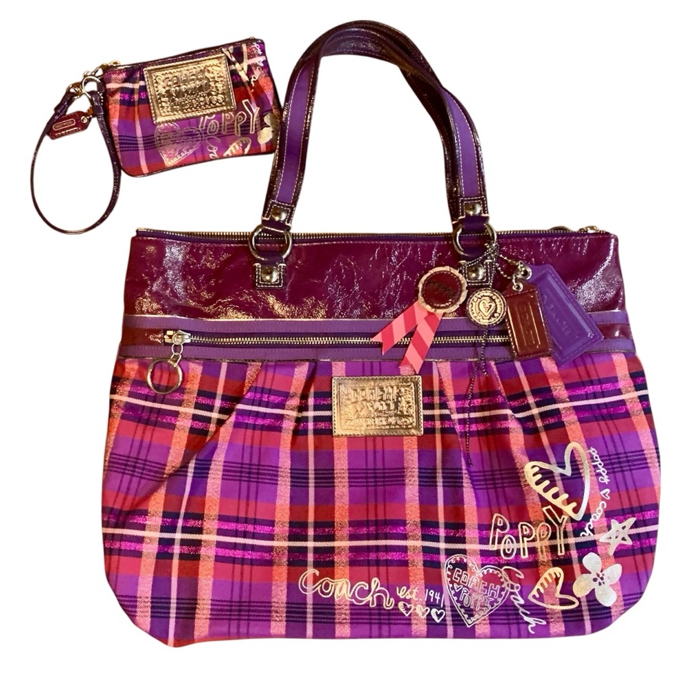Coach Poppy Purple Tartan Plaid Glam Tote / Shoulder Bag + Wristlet